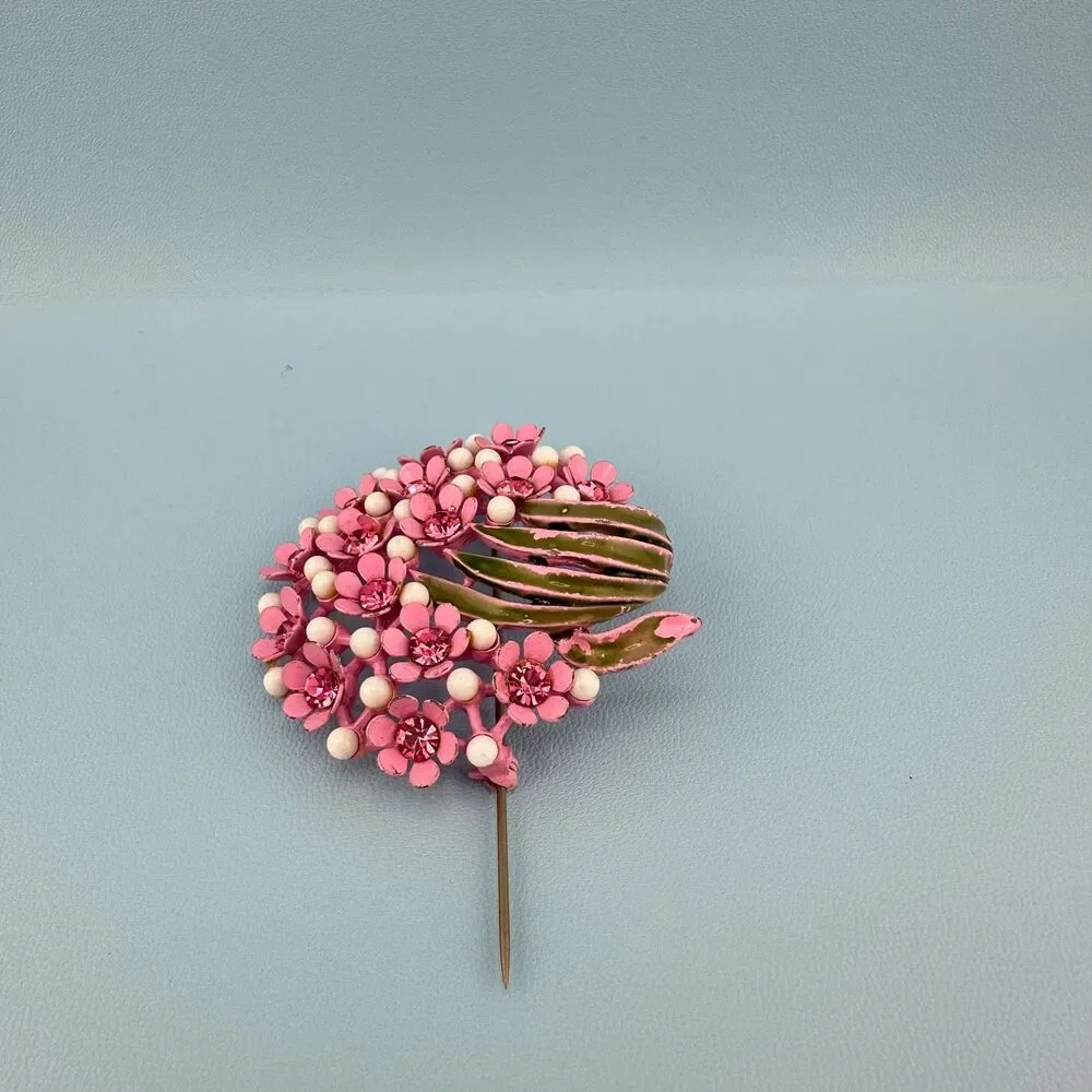 Vintage Rhinestone Flower Brooch Pink Japanned Enamel Floral Spray Bouquet 2